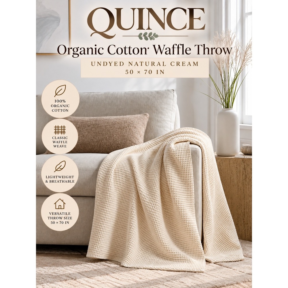 Quince 100% Organic Cotton Waffle Throw Blanket 50x70 Undyed Natural Cream NWOT